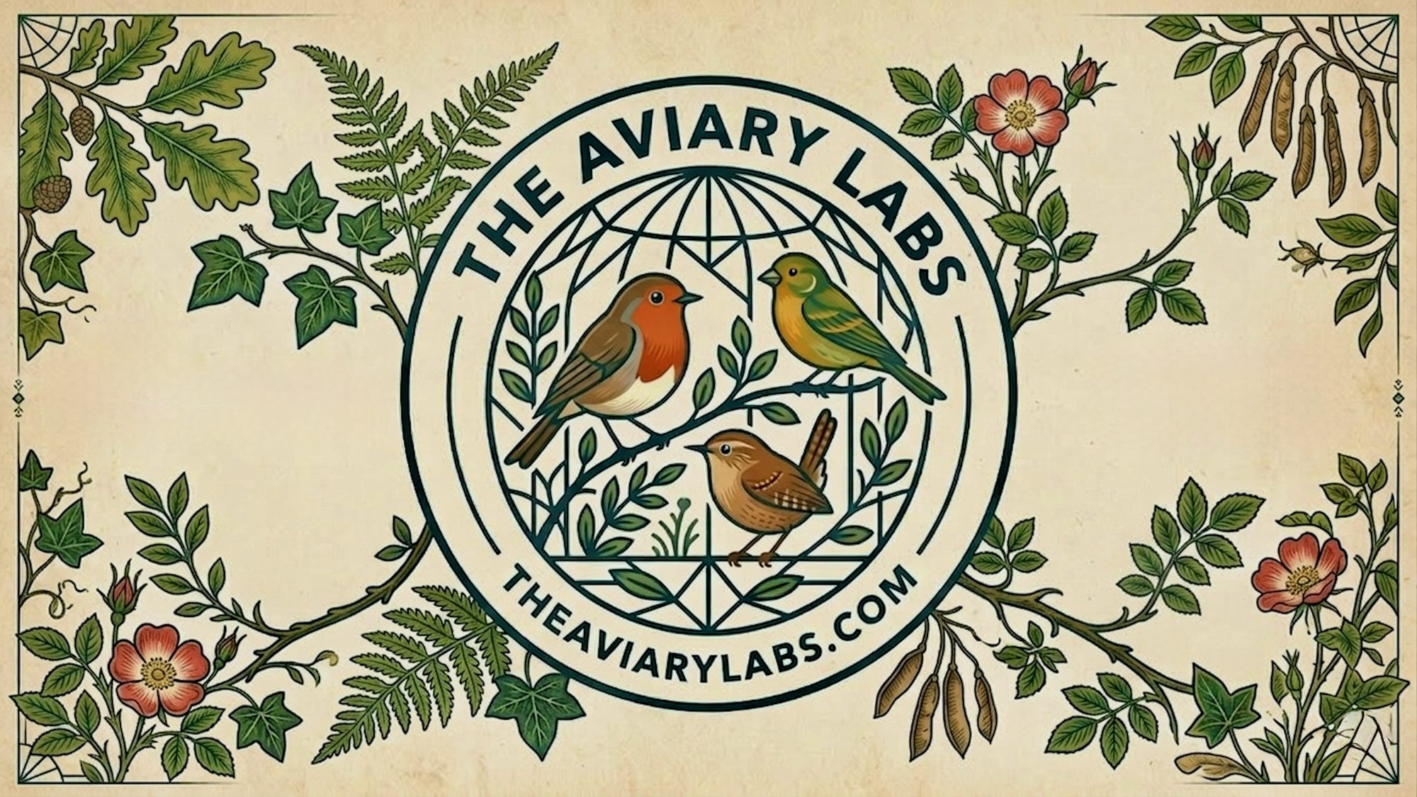 The Aviary Labs — three birds among foliage